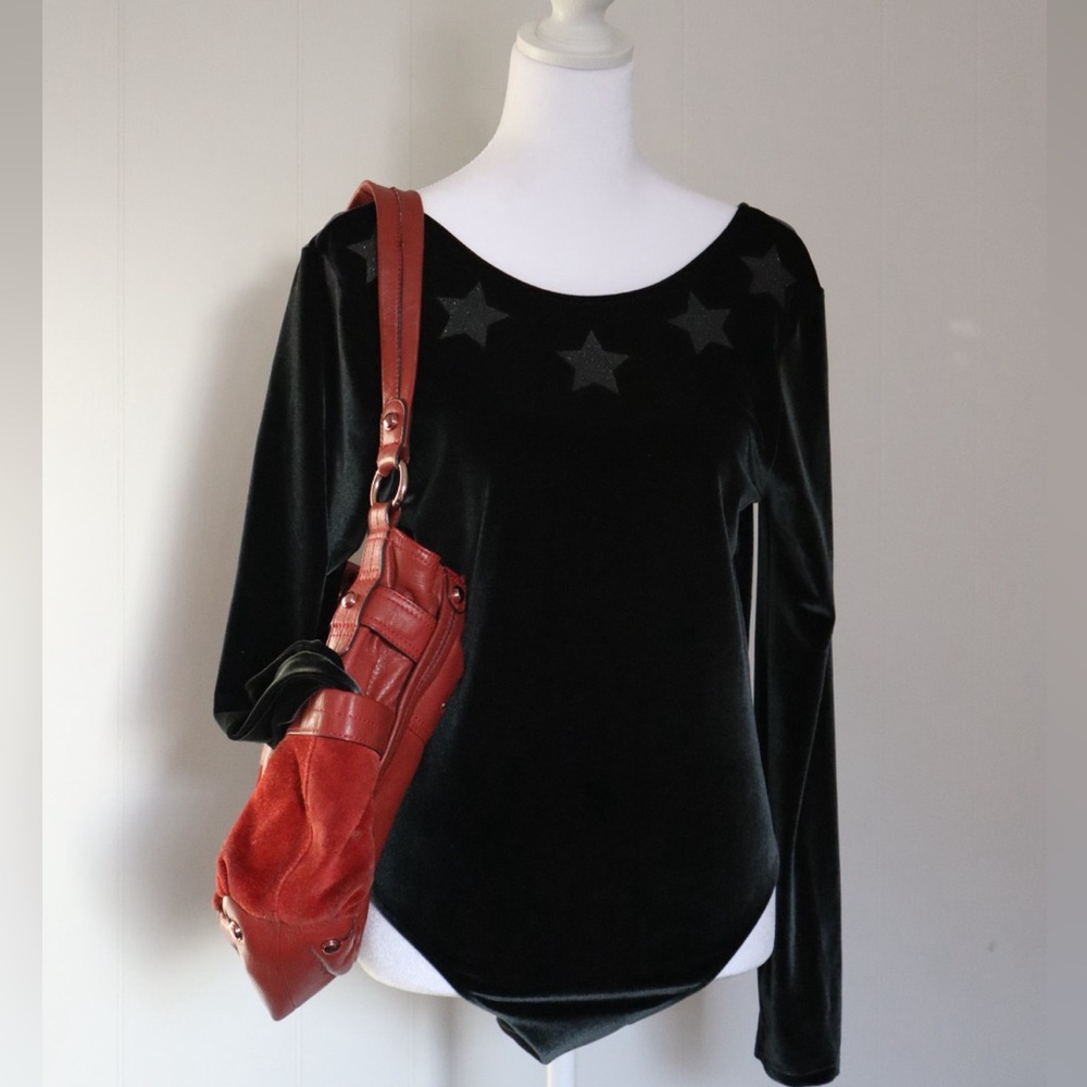PINK Victoria's Secret Black/green  Velvet Long Sleeve Bodysuit with Star Detail